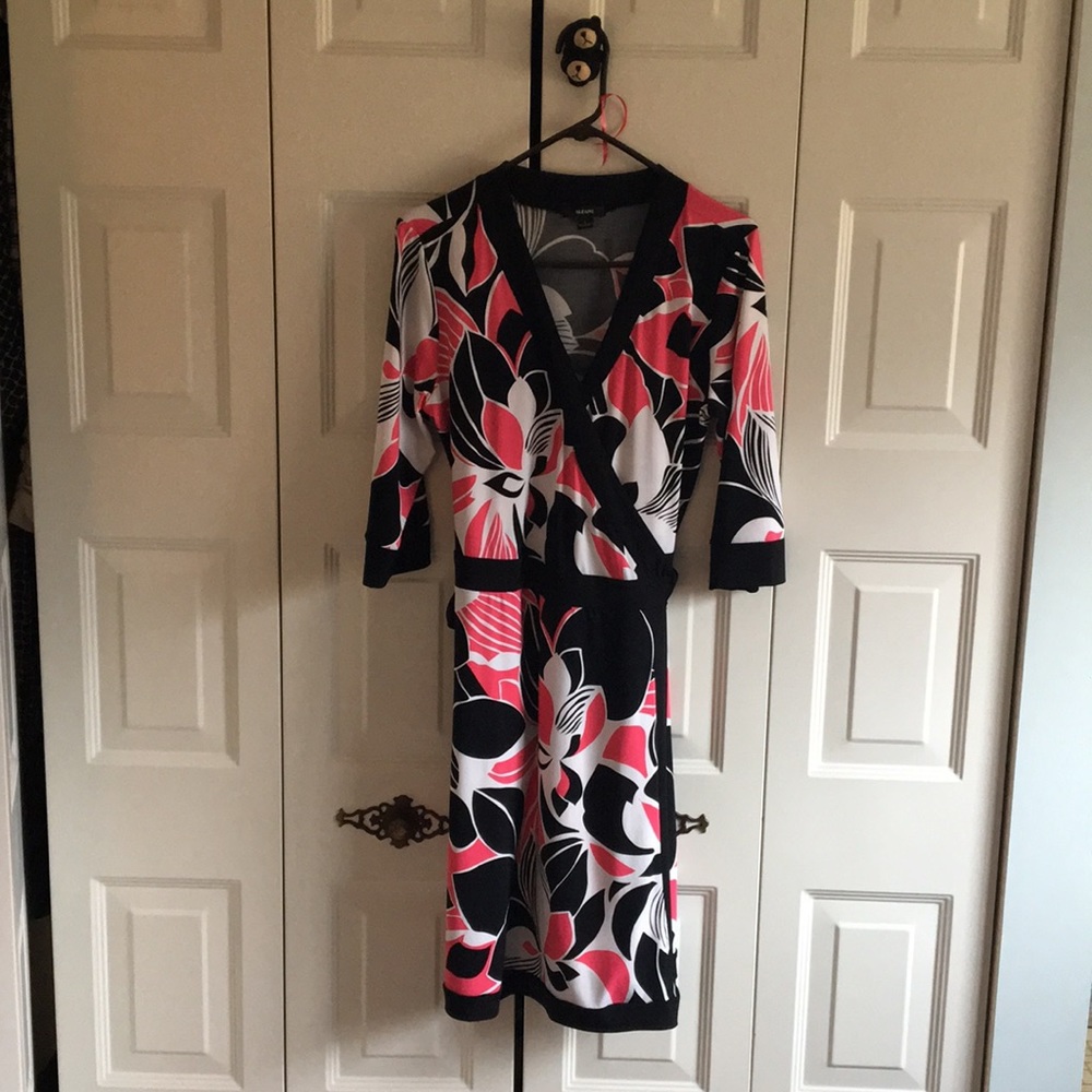 Black white and pink floral wrap dress